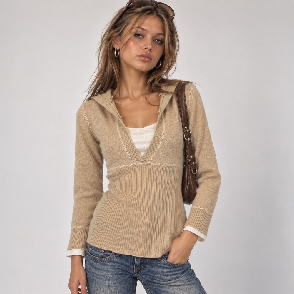 Y2K Tan Babydoll Hooded Sweater Ribbed Layered Juniors L Casual Cozy